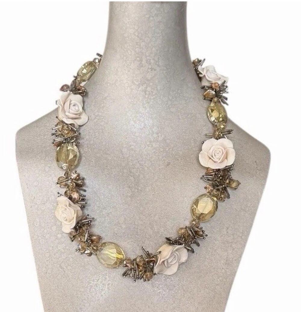 Ivory Rose Floral Statement Necklace Crystal Beads Romantic Bridal Cottagecore